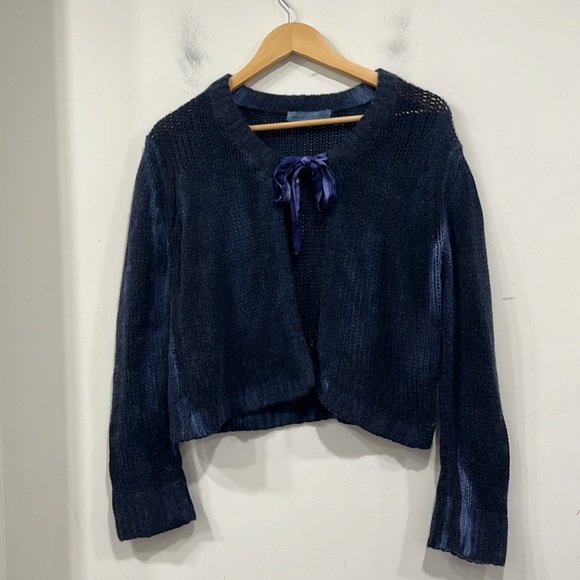 Marika Charles Handmade Cashmere Cardigan Sweater Tie Dye Silk Bow Closure BlueL - Picture 2 of 13